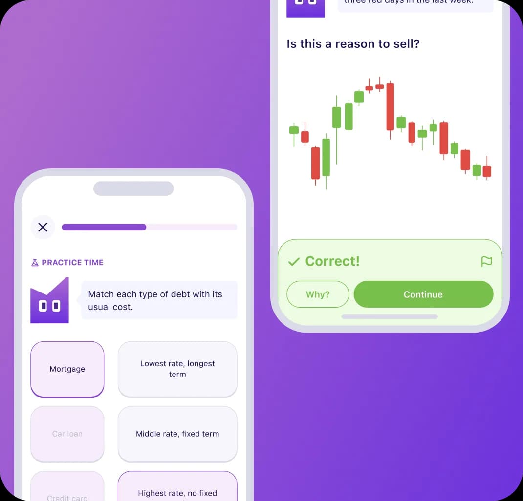Nevlin lesson practice showing a debt-matching quiz and an explanation of a correct answer