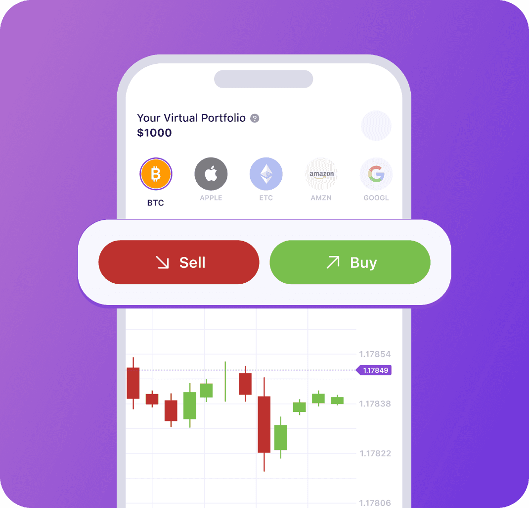The Nevlin practice screen with a virtual portfolio and a live price chart